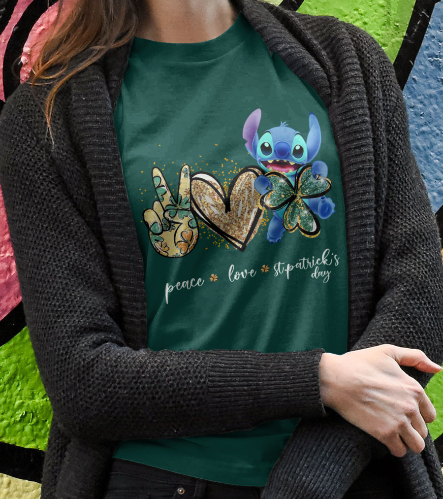 Peace Love St. Patrick's Day Stitch Shamrock Clover T-Shirt