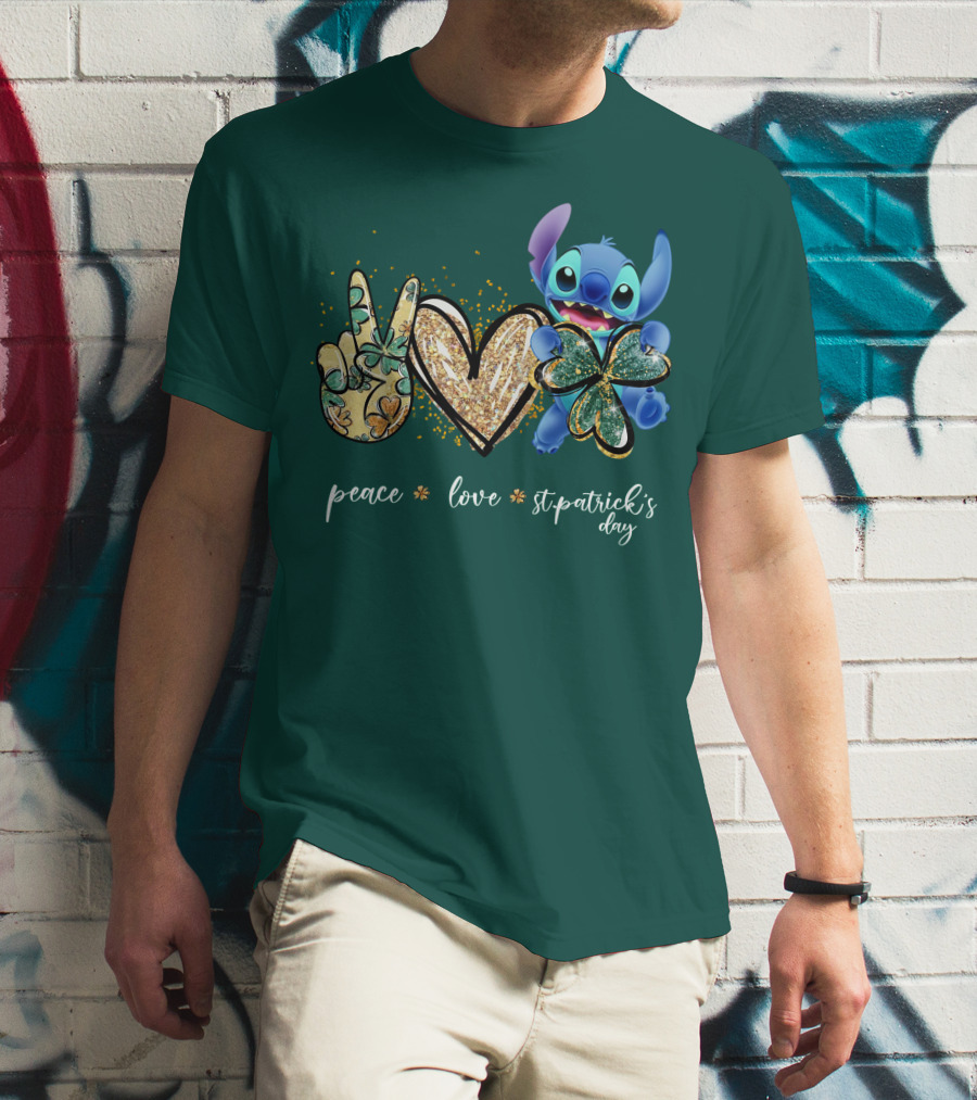 Peace Love St. Patrick's Day Stitch Shamrock Clover T-Shirt