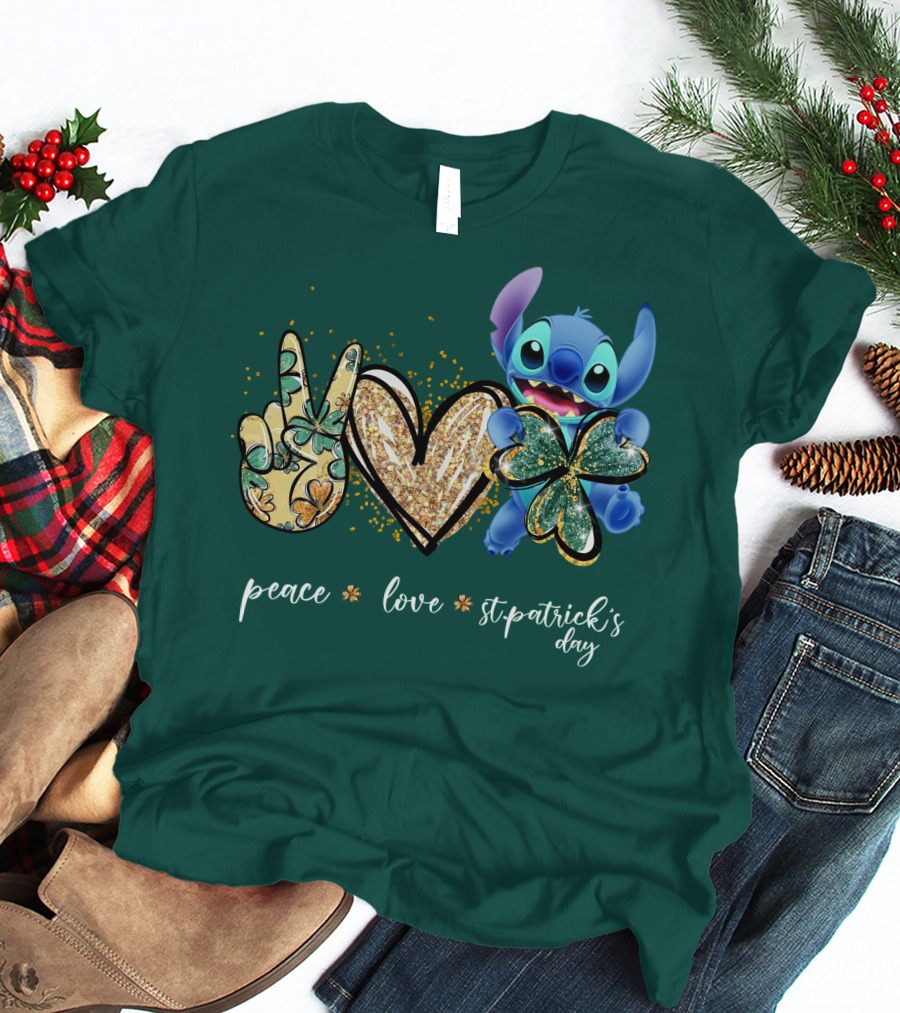 Peace Love St. Patrick's Day Stitch Shamrock Clover T-Shirt