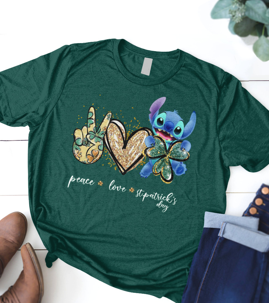 Peace Love St. Patrick's Day Stitch Shamrock Clover T-Shirt