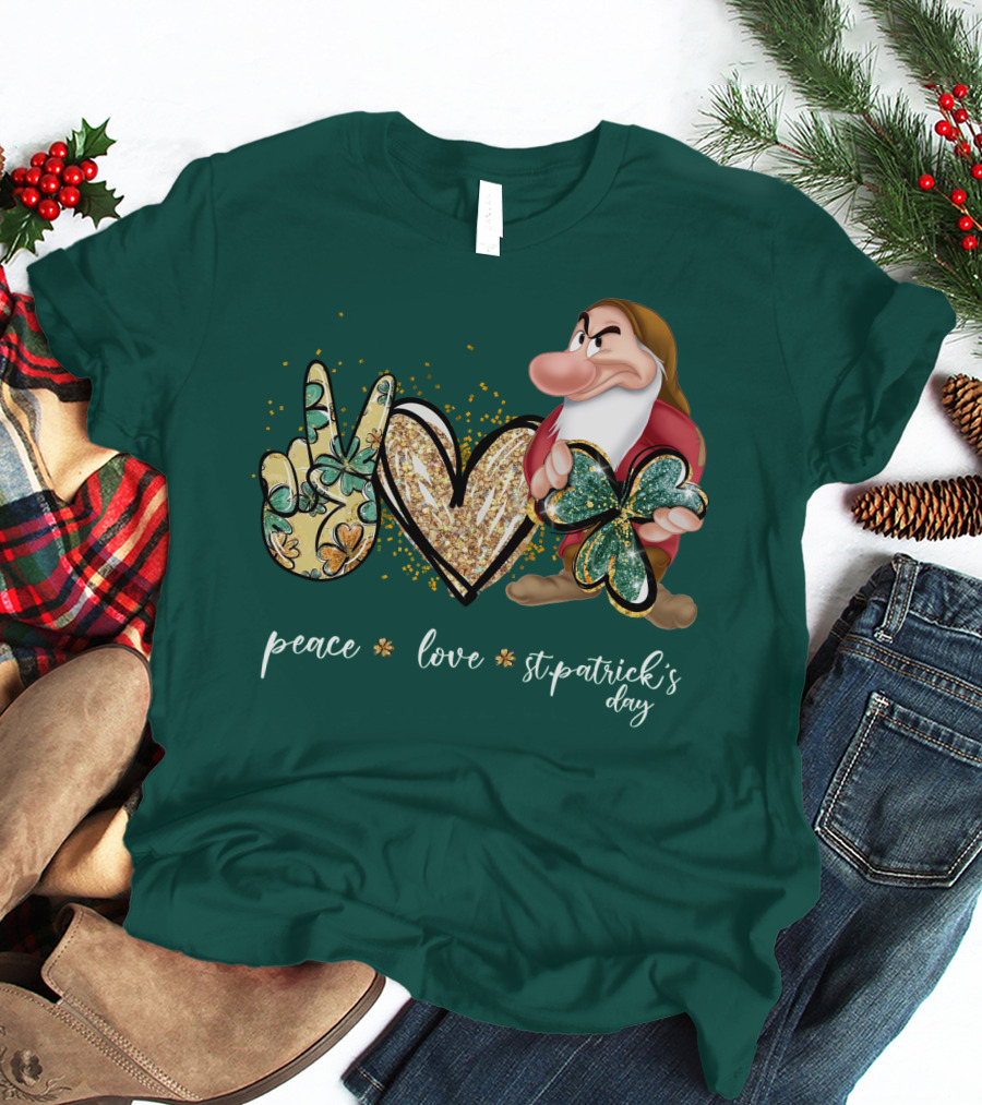 Peace Love St. Patrick's Day Grumpy Dwarf Clover T-Shirt