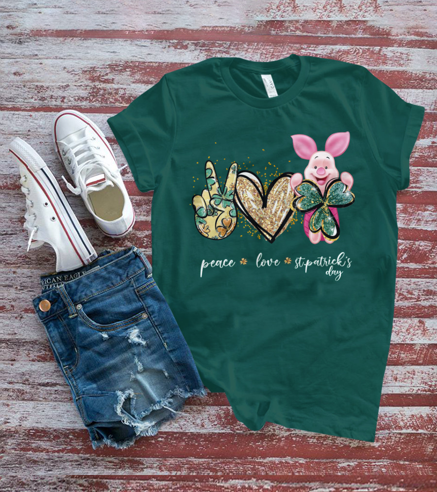 Peace Love St. Patrick's Day Piglet Shamrock T-Shirt