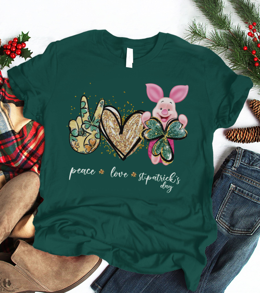 Peace Love St. Patrick's Day Piglet Shamrock T-Shirt