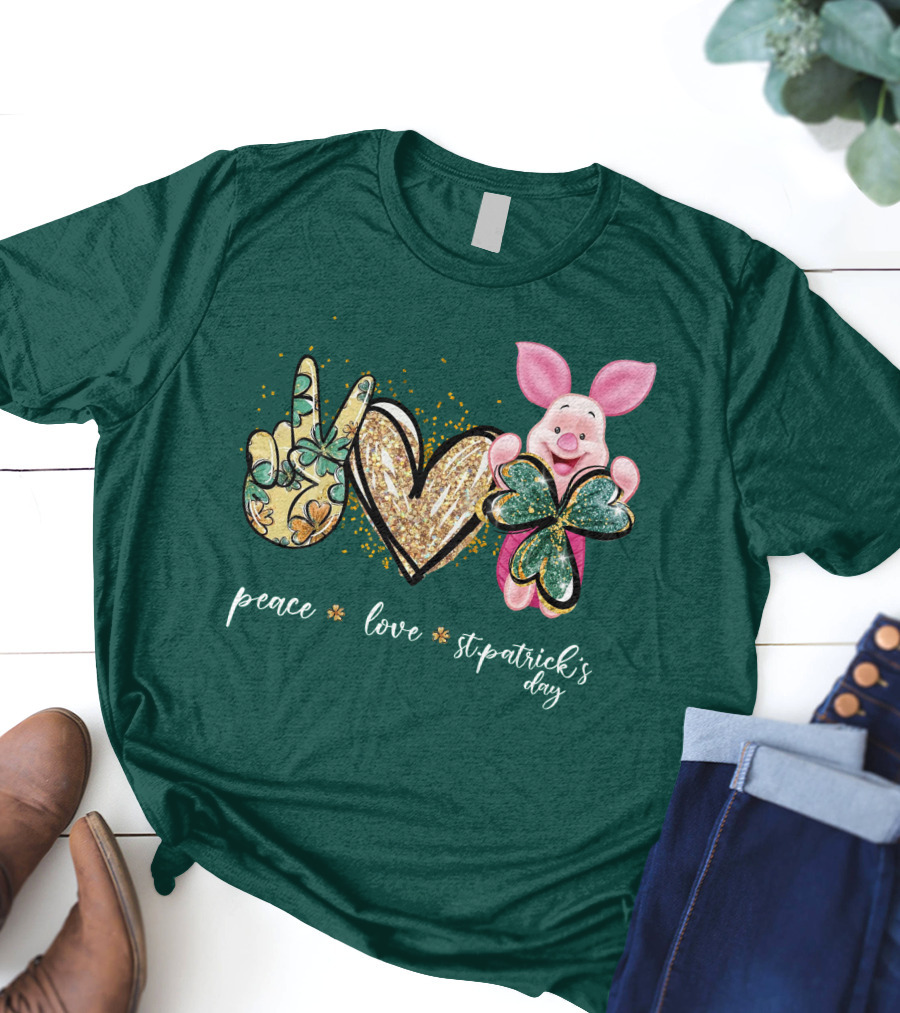 Peace Love St. Patrick's Day Piglet Shamrock T-Shirt