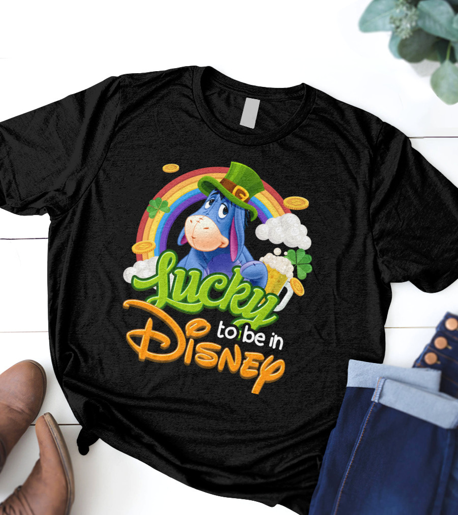 Eeyore Lucky To Be In Disney St. Patrick's Day Rainbow And Coins T-Shirt