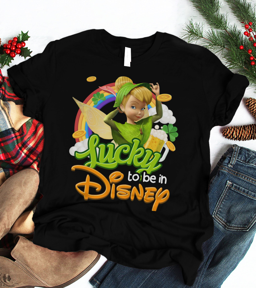 Lucky To Be In Disney Tinkerbell Rainbow Coins Shamrock T-Shirt
