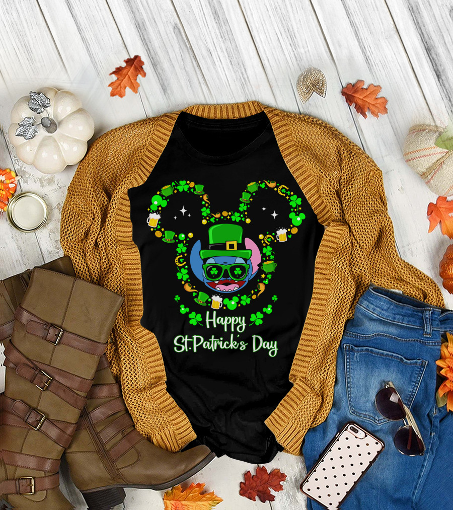 Stitch Happy St. Patrick's Day Mickey Ears Clover Hat Beer T-Shirt
