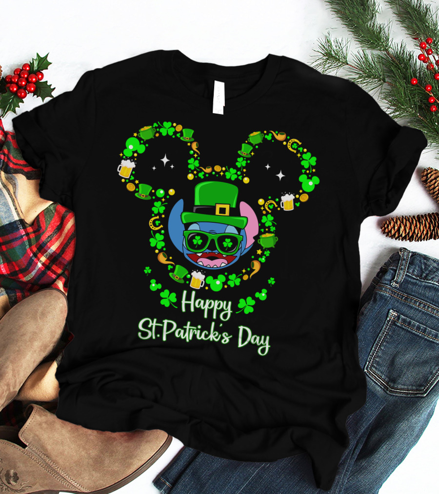 Stitch Happy St. Patrick's Day Mickey Ears Clover Hat Beer T-Shirt
