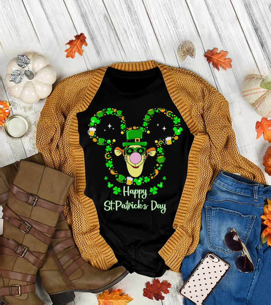 Happy St. Patrick's Day Tigger Shamrock Hat Beer Coin Celebration T-Shirt