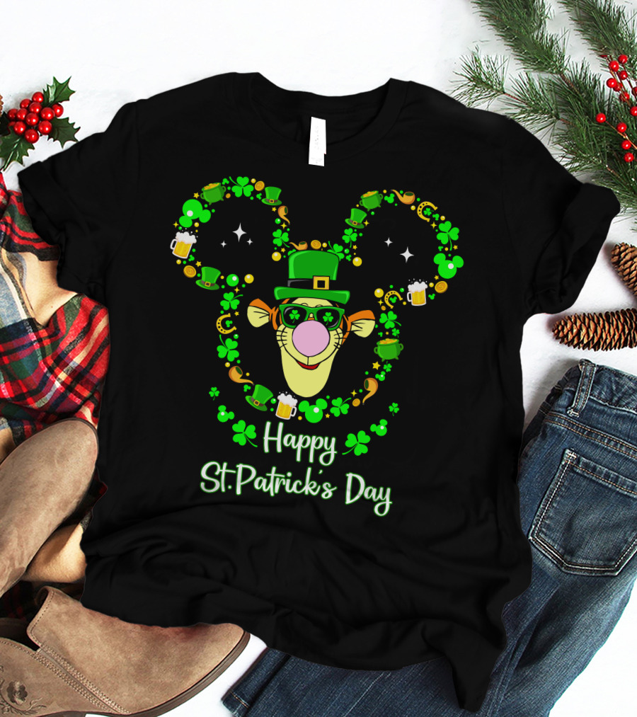 Happy St. Patrick's Day Tigger Shamrock Hat Beer Coin Celebration T-Shirt
