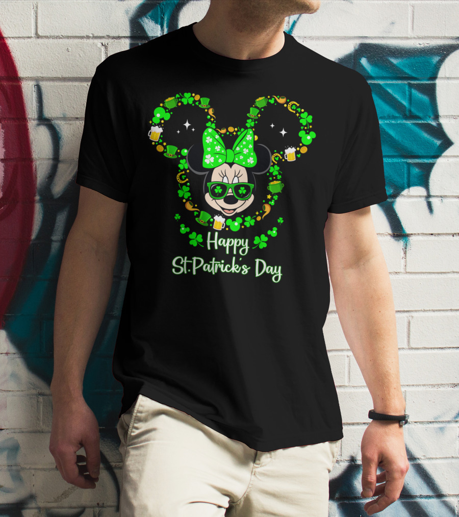 Happy St. Patrick's Day Minnie Mouse With Green Shamrocks And Accessories T-Shirt