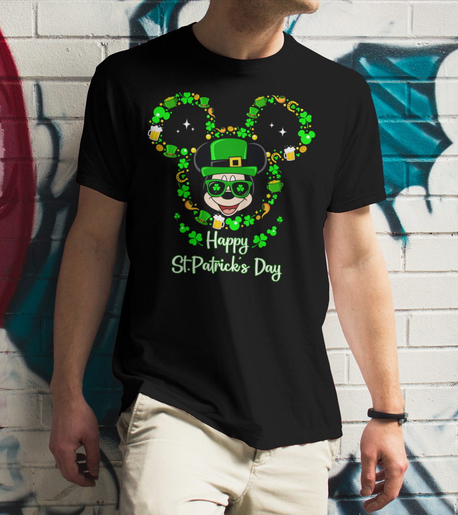 Happy St. Patrick's Day Mickey Graphic With Leprechaun Hat And Shamrocks T-Shirt