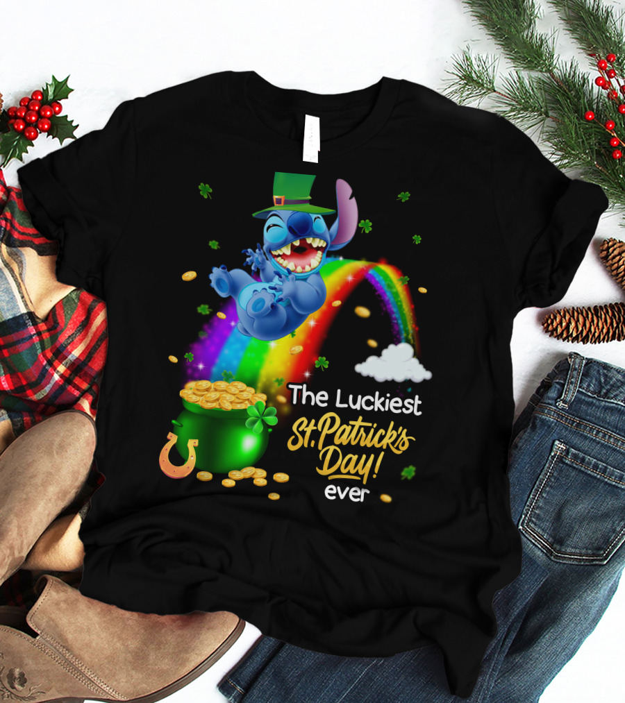 The Luckiest St. Patrick's Day Ever Stitch Rainbow Pot Of Gold T-Shirt