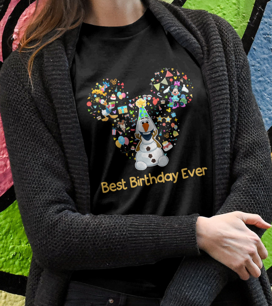 Olaf Best Birthday Ever Mickey Mouse Head With Minnie Party Icons T-Shirt