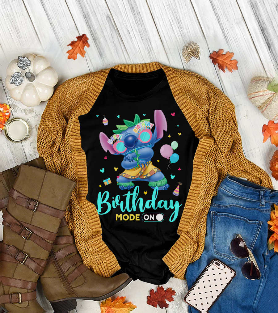 Stitch Birthday Mode On With Balloons And Cupcake T-Shirt