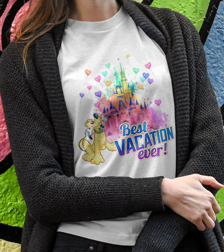 Best Vacation Ever Pluto With Colorful Castle And Heart Balloons T-Shirt