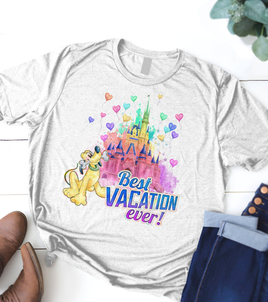 Best Vacation Ever Pluto With Colorful Castle And Heart Balloons T-Shirt
