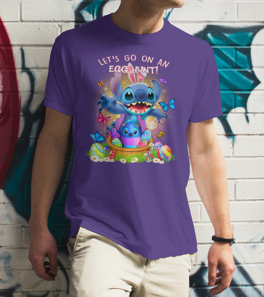 Let's Go On An Egg Hunt With Stitch Basket Of Eggs And Butterflies T-Shirt