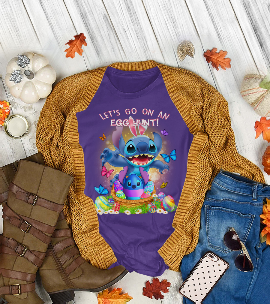 Let's Go On An Egg Hunt With Stitch Basket Of Eggs And Butterflies T-Shirt