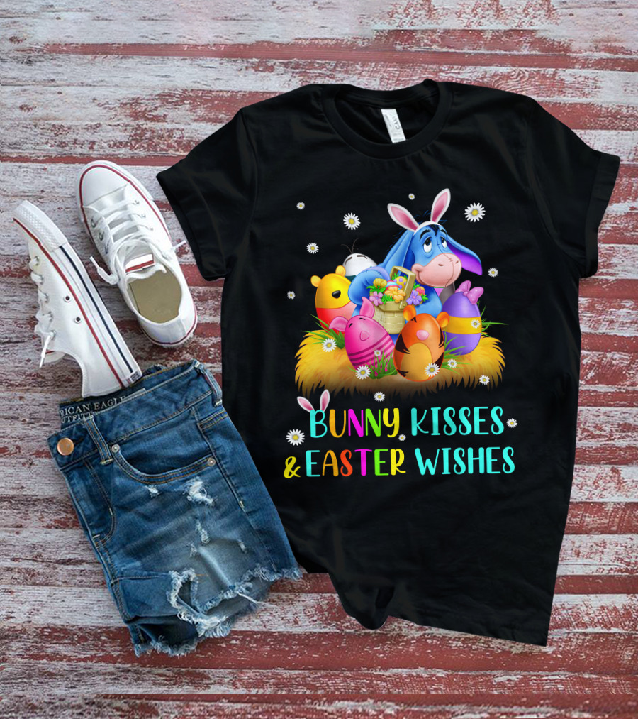 Bunny Kisses And Easter Wishes Eeyore Colorful Eggs Basket T-Shirt