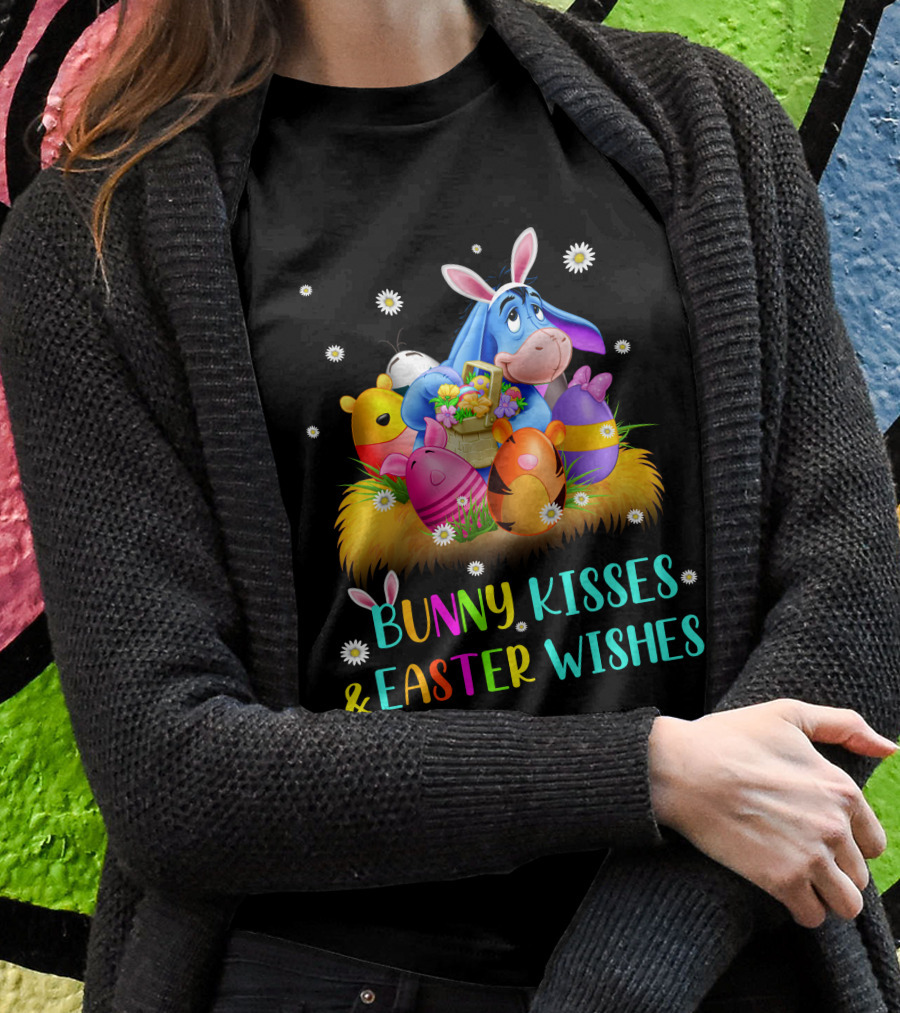 Bunny Kisses And Easter Wishes Eeyore Colorful Eggs Basket T-Shirt