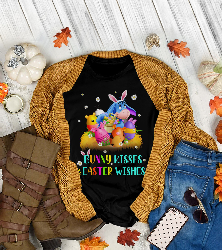 Bunny Kisses And Easter Wishes Eeyore Colorful Eggs Basket T-Shirt