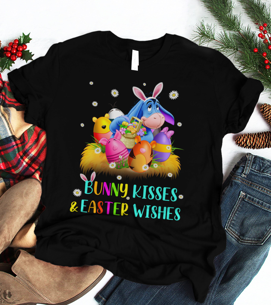Bunny Kisses And Easter Wishes Eeyore Colorful Eggs Basket T-Shirt