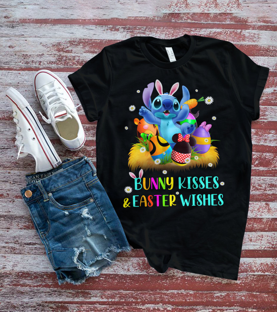 Bunny Kisses & Easter Wishes Stitch With Colorful Eggs And Spring Flowers T-Shirt