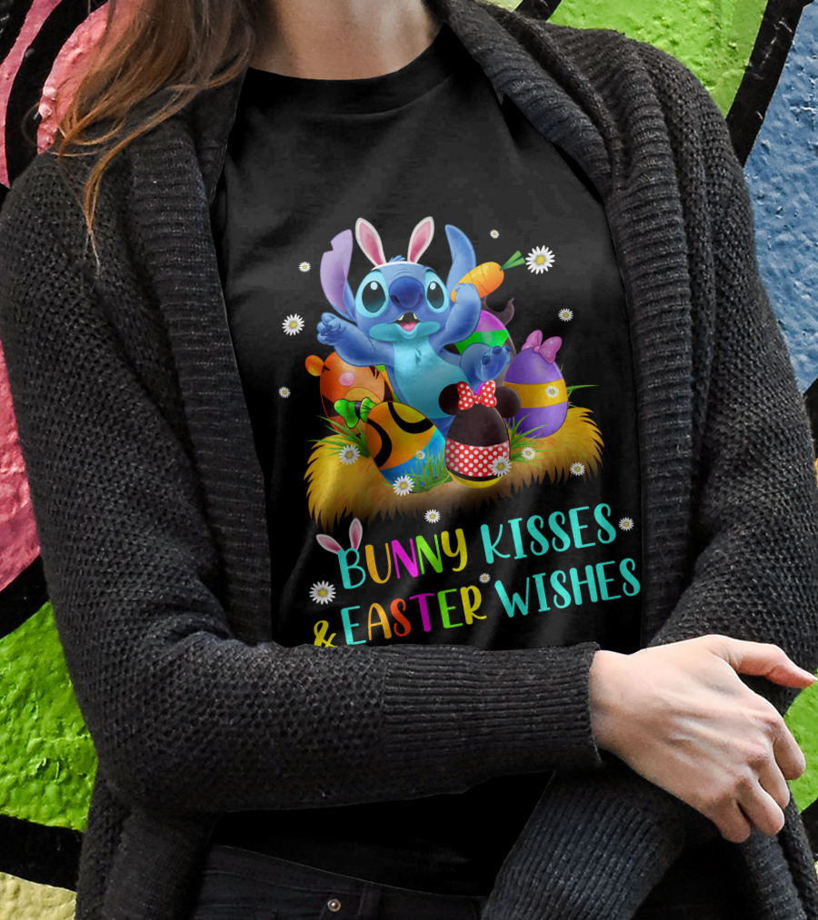 Bunny Kisses & Easter Wishes Stitch With Colorful Eggs And Spring Flowers T-Shirt