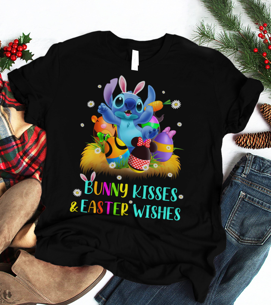 Bunny Kisses & Easter Wishes Stitch With Colorful Eggs And Spring Flowers T-Shirt