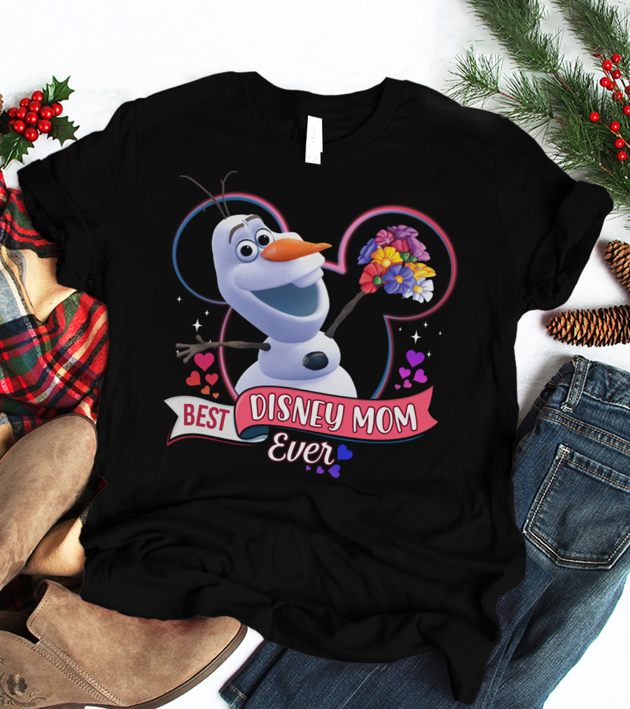 Best Disney Mom Ever Olaf Holding Flowers In Front Of Mickey Mouse Outline T-Shirt
