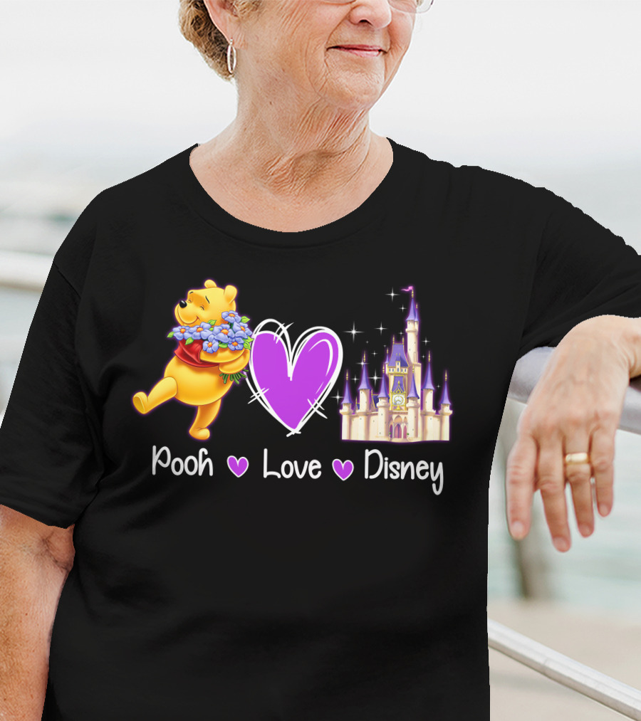 Pooh Love Disney With Purple Heart And Castle T-Shirt