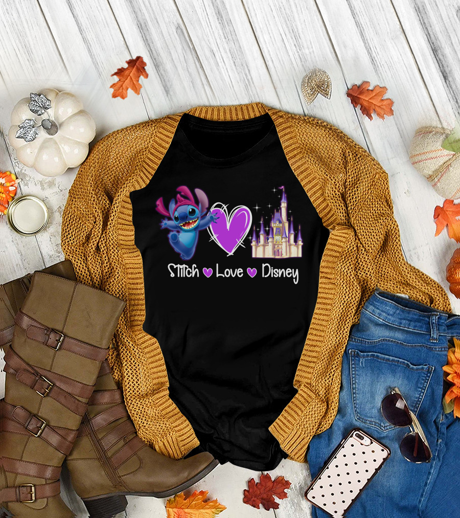 Stitch Love Disney Castle Heart T-Shirt