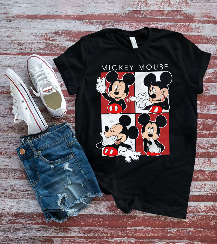 Mickey Mouse Expressive Poses Red And White Comic Panel T-Shirt