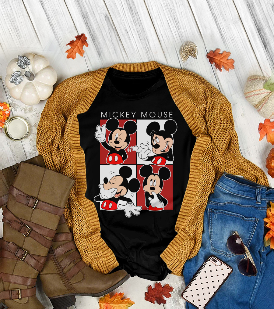 Mickey Mouse Expressive Poses Red And White Comic Panel T-Shirt