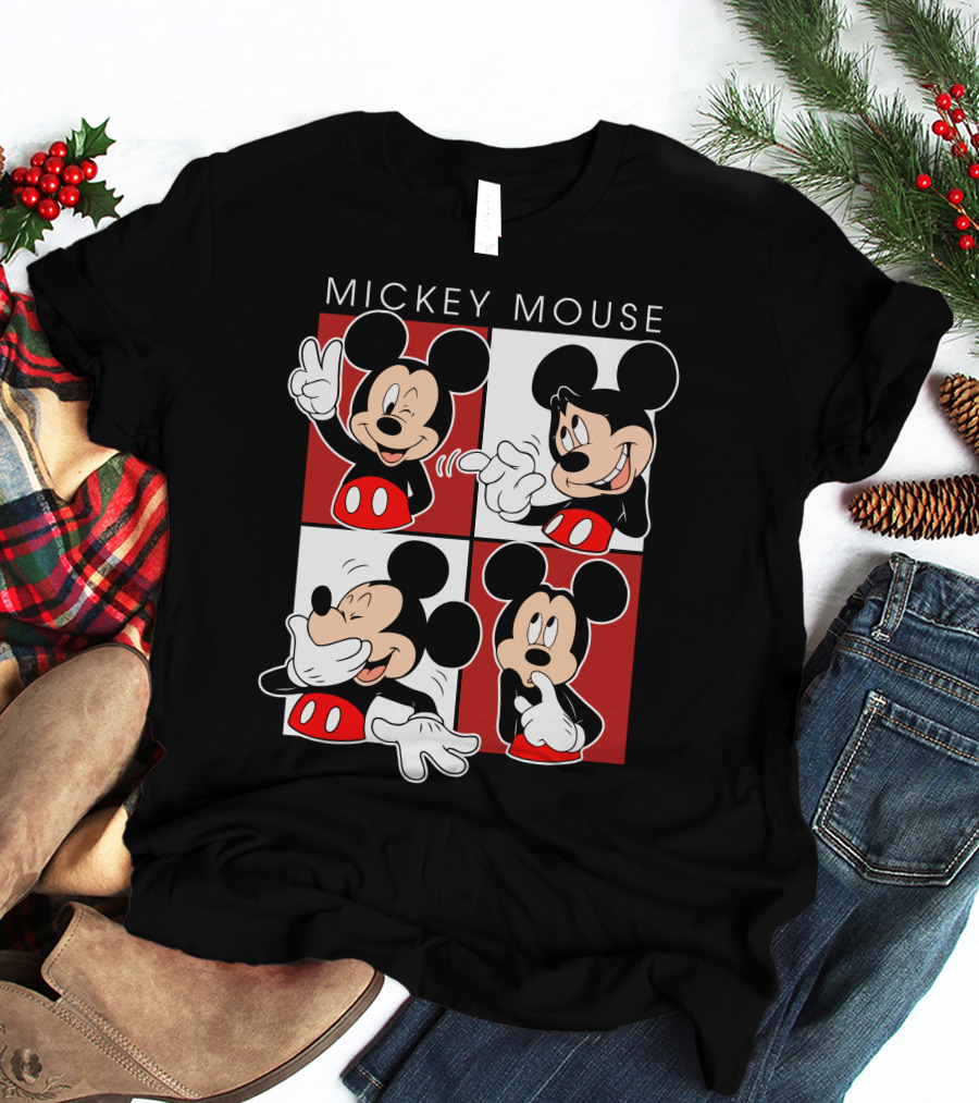 Mickey Mouse Expressive Poses Red And White Comic Panel T-Shirt