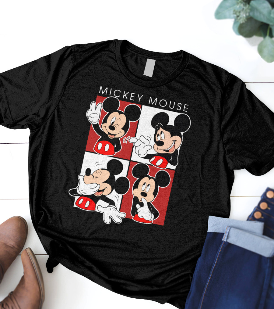 Mickey Mouse Expressive Poses Red And White Comic Panel T-Shirt