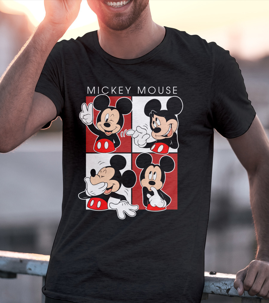 Mickey Mouse Expressive Poses Red And White Comic Panel T-Shirt