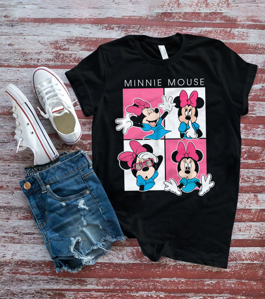 Minnie Mouse Expressive Poses In Blue Dress And Pink Bows T-Shirt