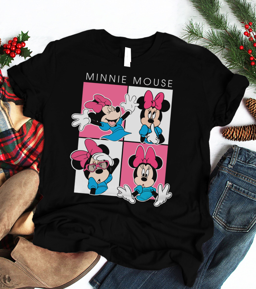 Minnie Mouse Expressive Poses In Blue Dress And Pink Bows T-Shirt