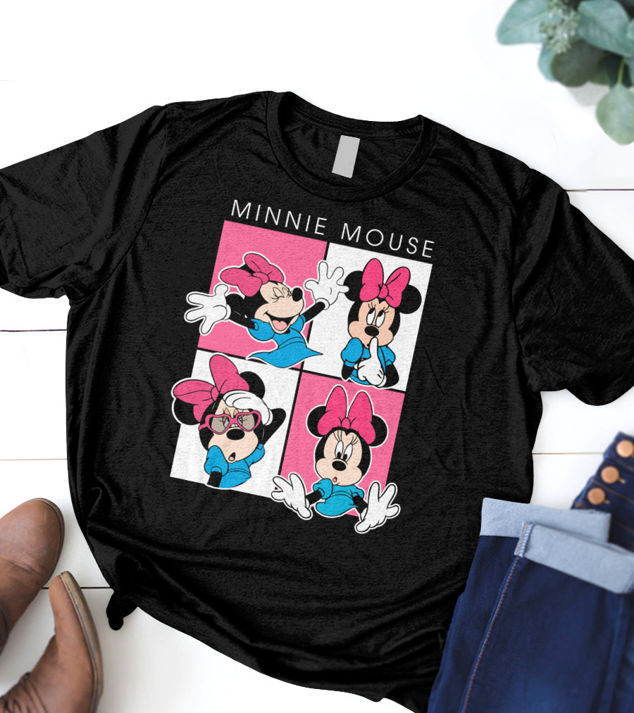Minnie Mouse Expressive Poses In Blue Dress And Pink Bows T-Shirt
