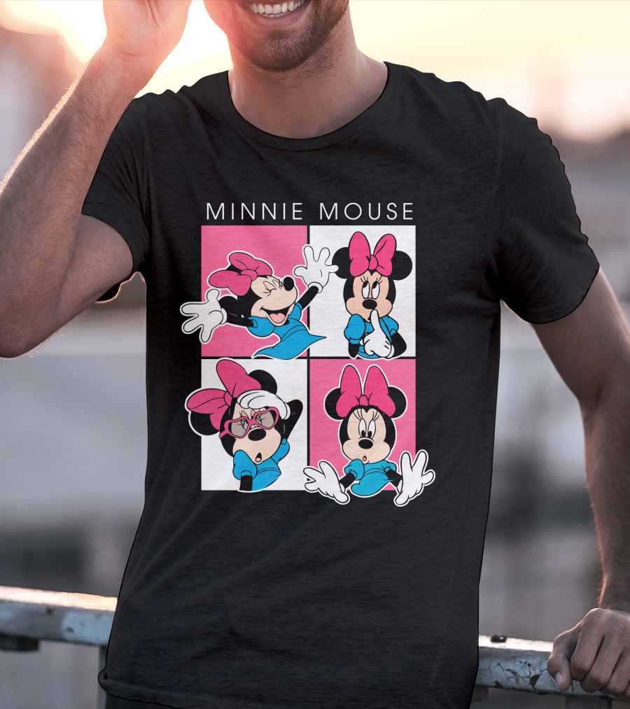 Minnie Mouse Expressive Poses In Blue Dress And Pink Bows T-Shirt