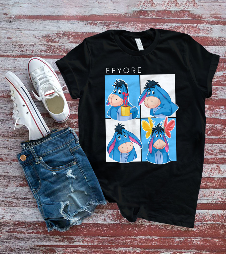 Eeyore Cartoon Expressions With Flowers And Mug T-Shirt