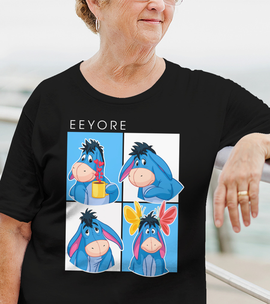 Eeyore Cartoon Expressions With Flowers And Mug T-Shirt