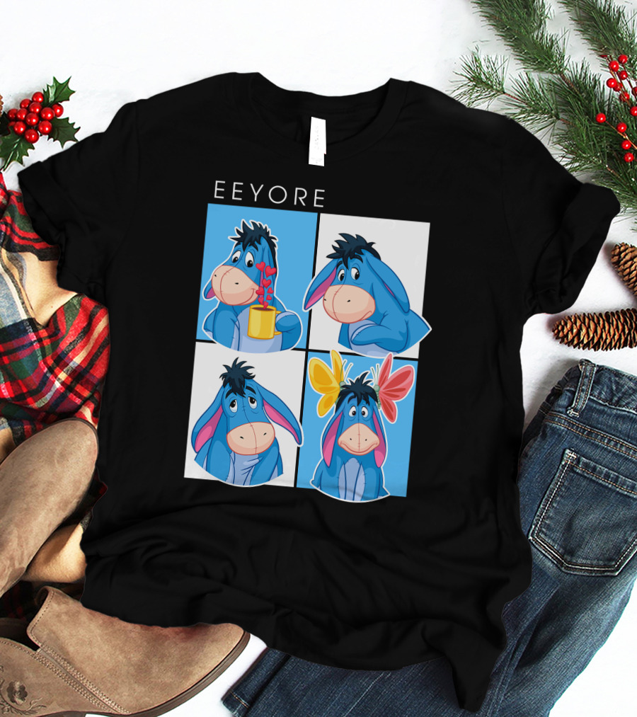Eeyore Cartoon Expressions With Flowers And Mug T-Shirt