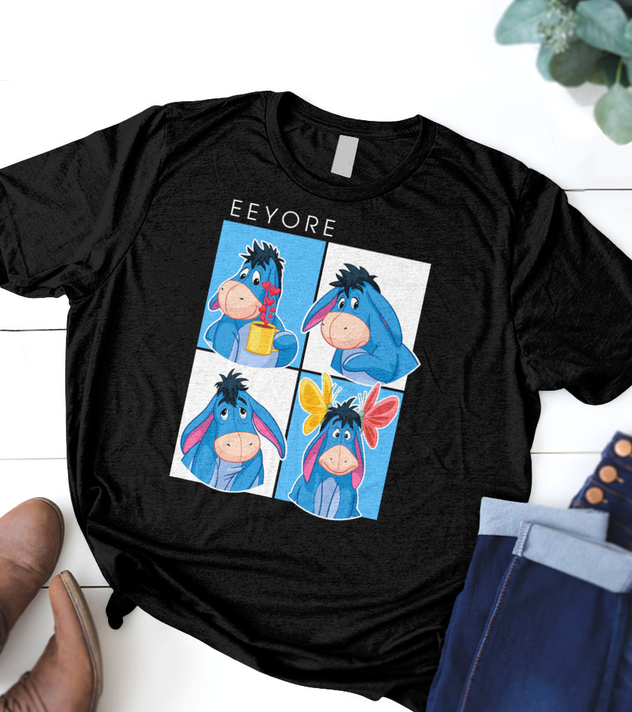 Eeyore Cartoon Expressions With Flowers And Mug T-Shirt
