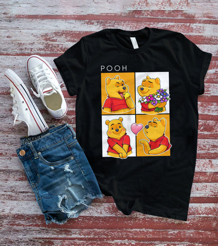 Pooh Cute Expressions And Flowers With Heart T-Shirt