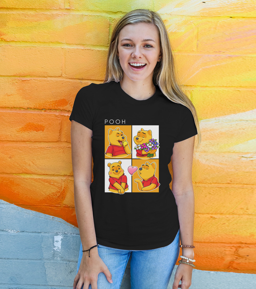 Pooh Cute Expressions And Flowers With Heart T-Shirt