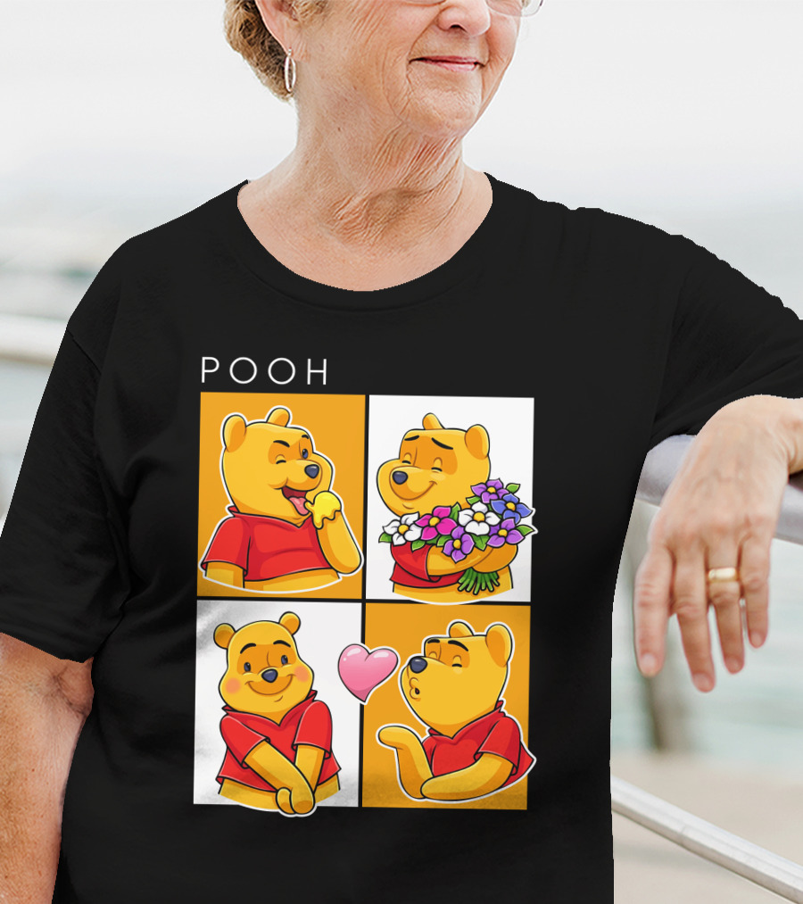 Pooh Cute Expressions And Flowers With Heart T-Shirt