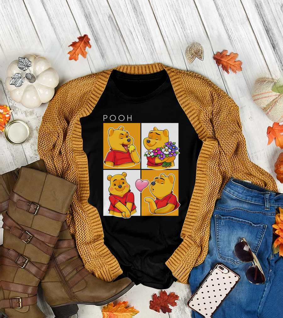 Pooh Cute Expressions And Flowers With Heart T-Shirt